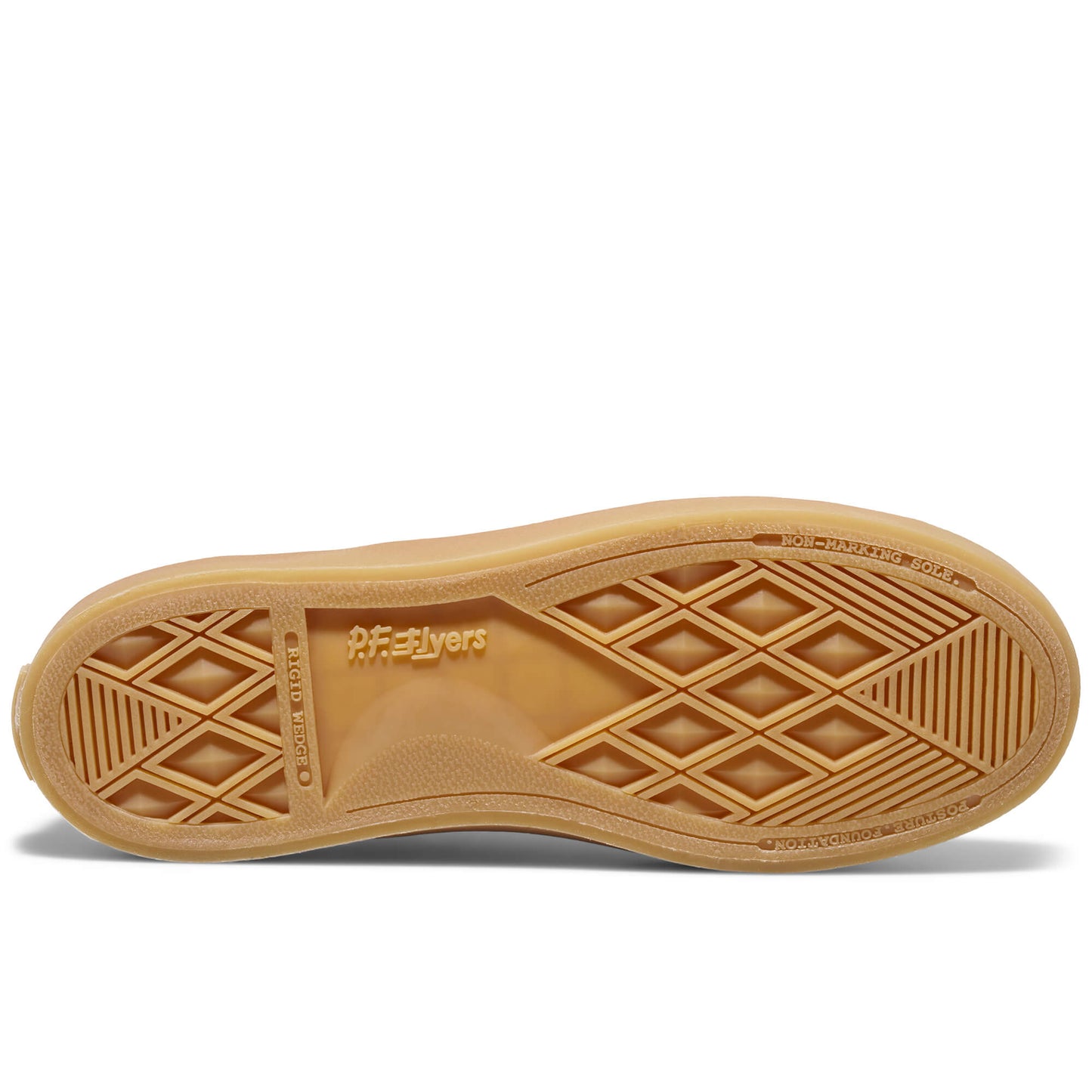 Close-up of a tan shoe sole on a white background.