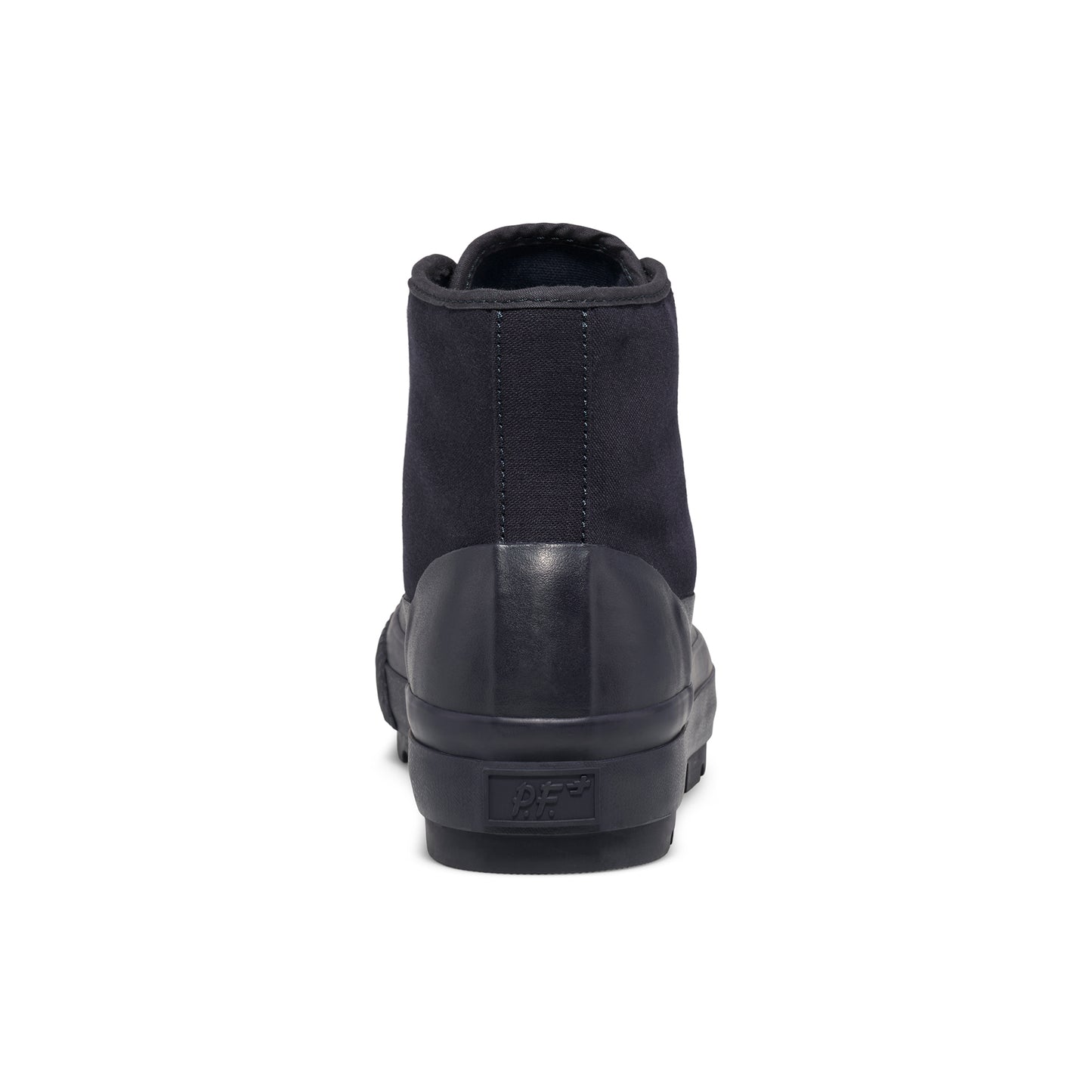 A navy high-top sneaker with a lugged rubber outsole shown on a white background.