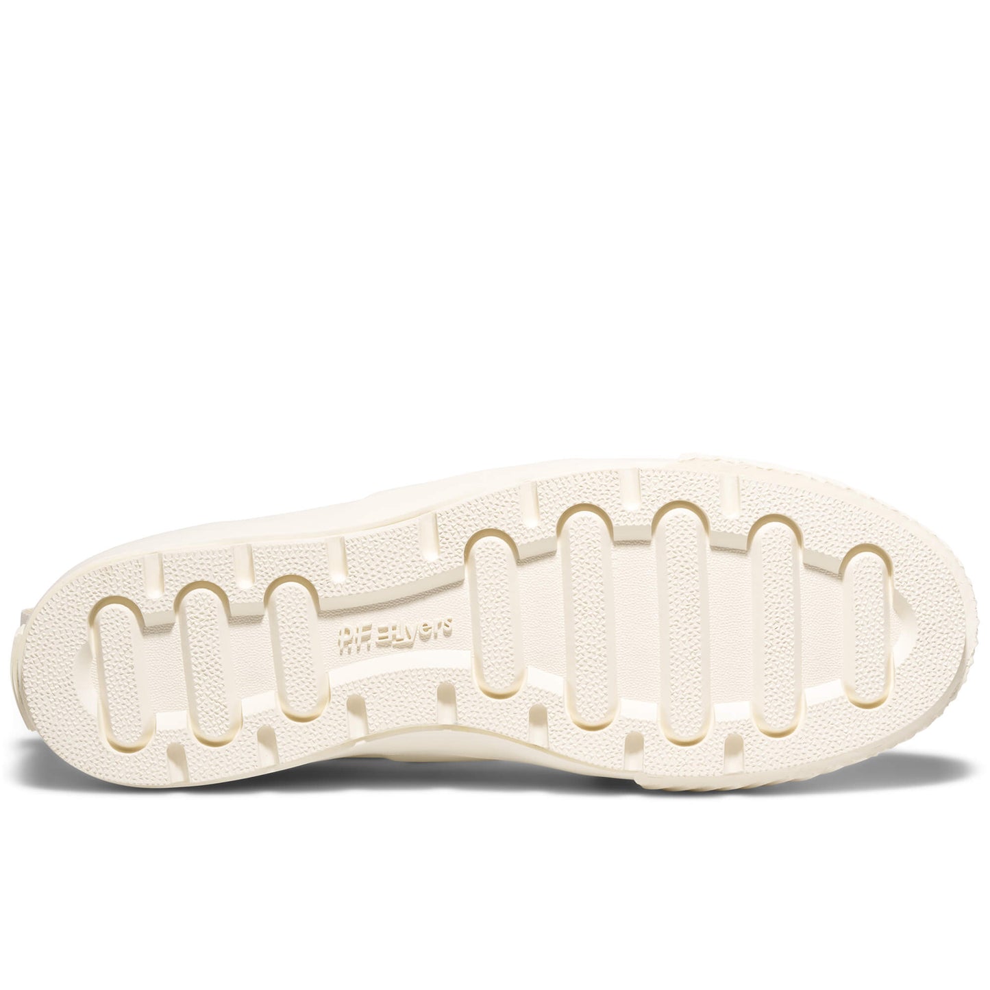 Close-up of a white shoe sole with brand name on a white background