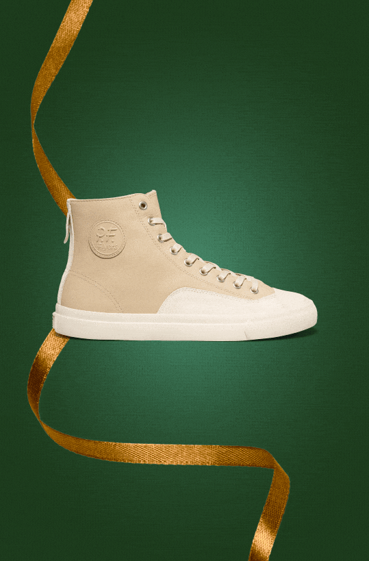 Rotating gif image of different P.F. sneakers on a green background