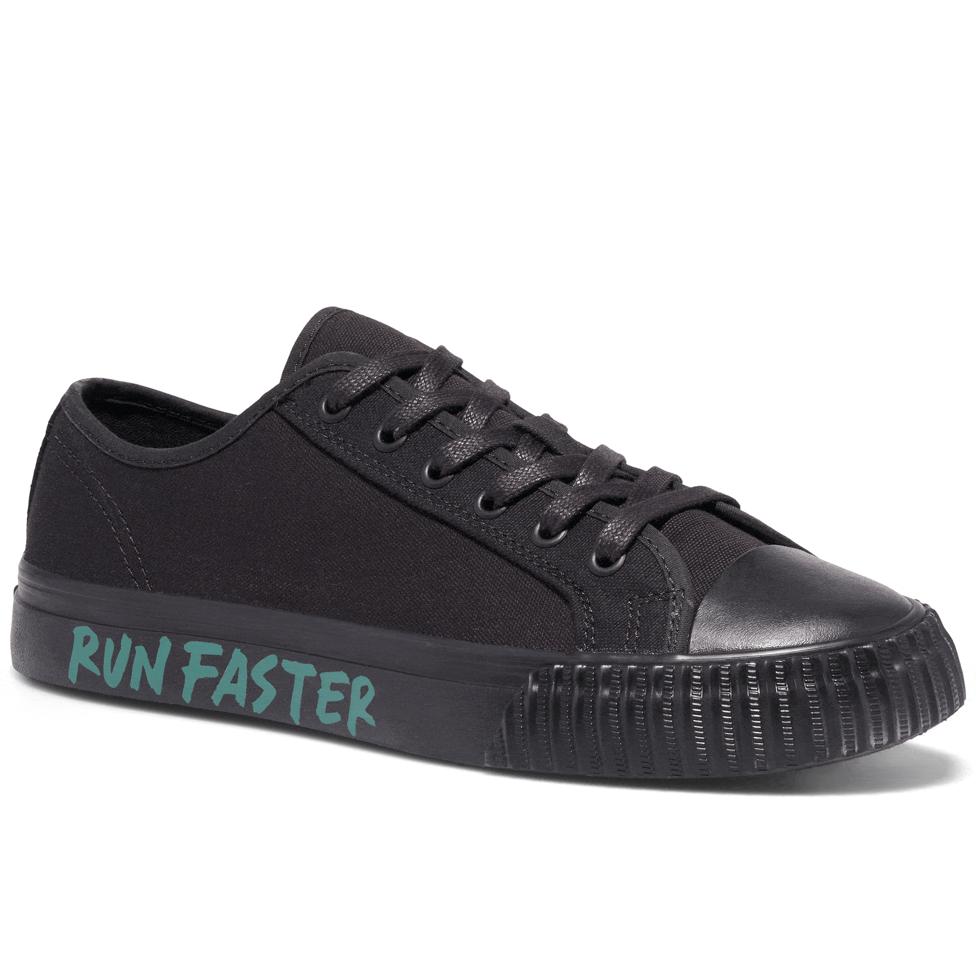 Black low-top sneaker rotating gif showing different angles of the sneaker.
