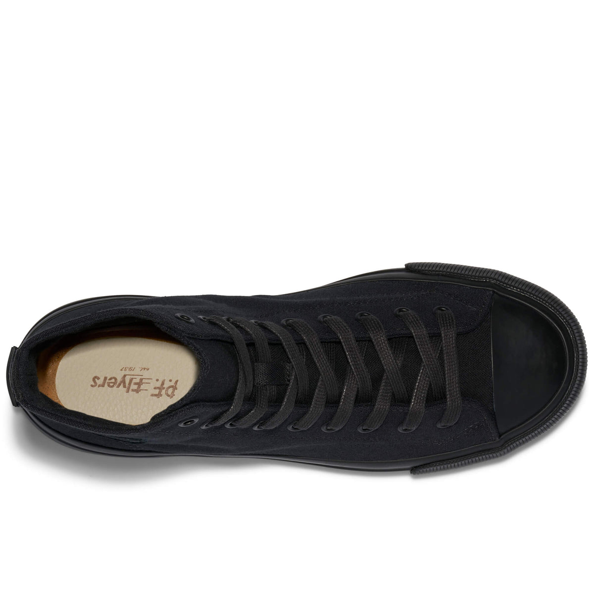 Top-down view of a black high-top sneaker on a white background.