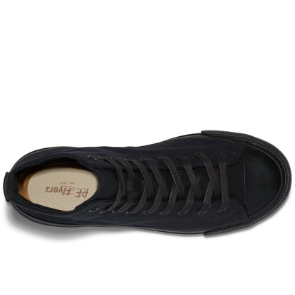 Top-down view of a black high-top sneaker on a white background.