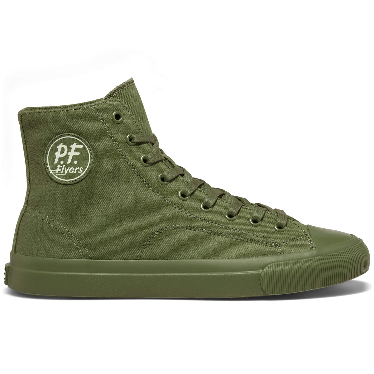 An olive green canvas high-top sneaker shown on a white background.