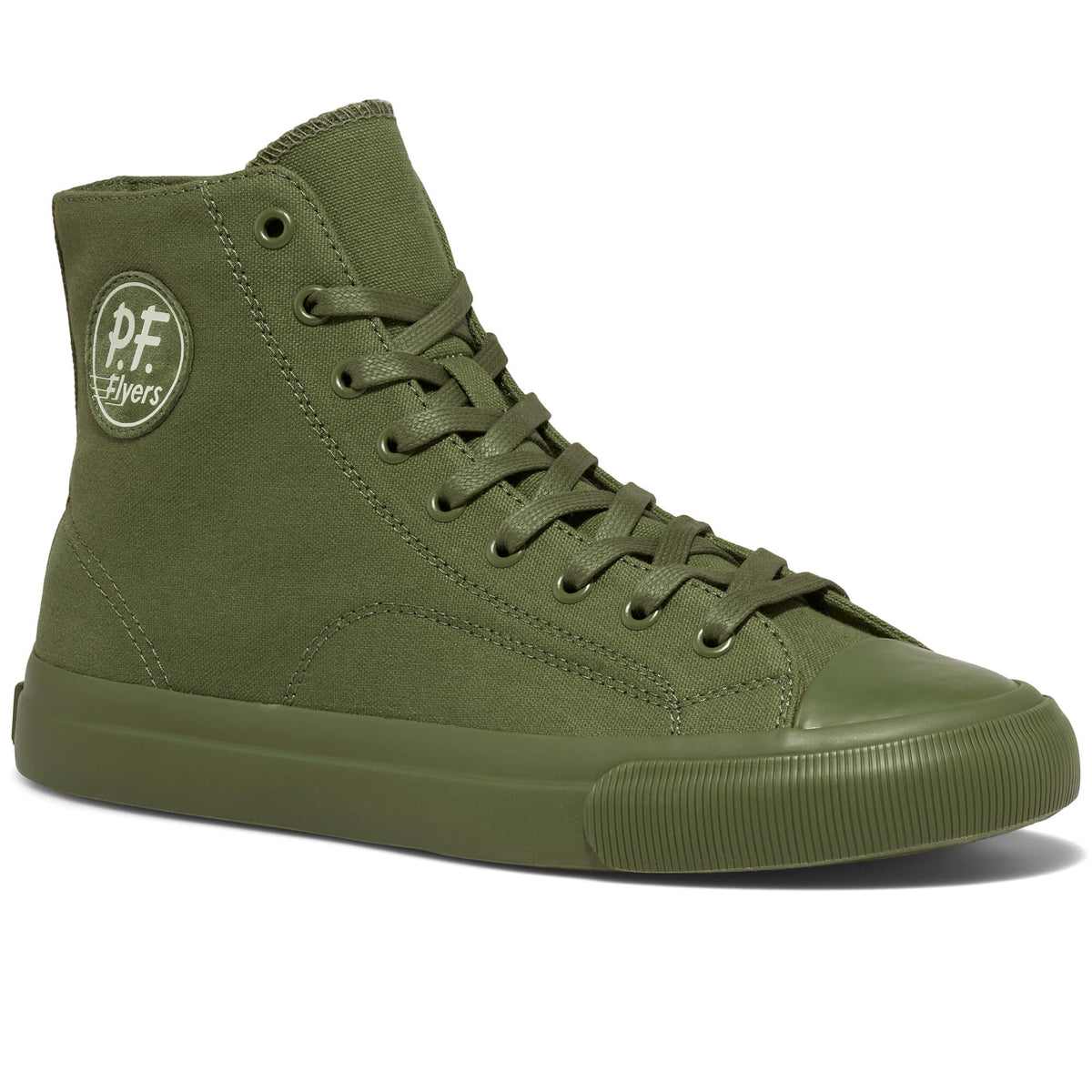 An olive green canvas high-top sneaker shown on a white background.
