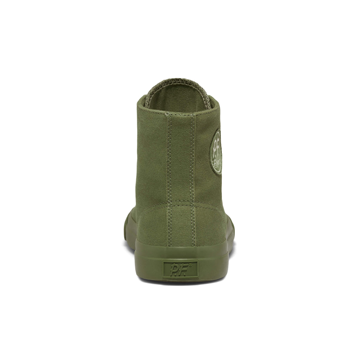 An olive green canvas high-top sneaker shown on a white background.