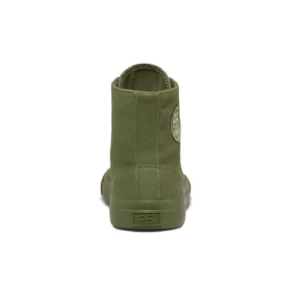 An olive green canvas high-top sneaker shown on a white background.