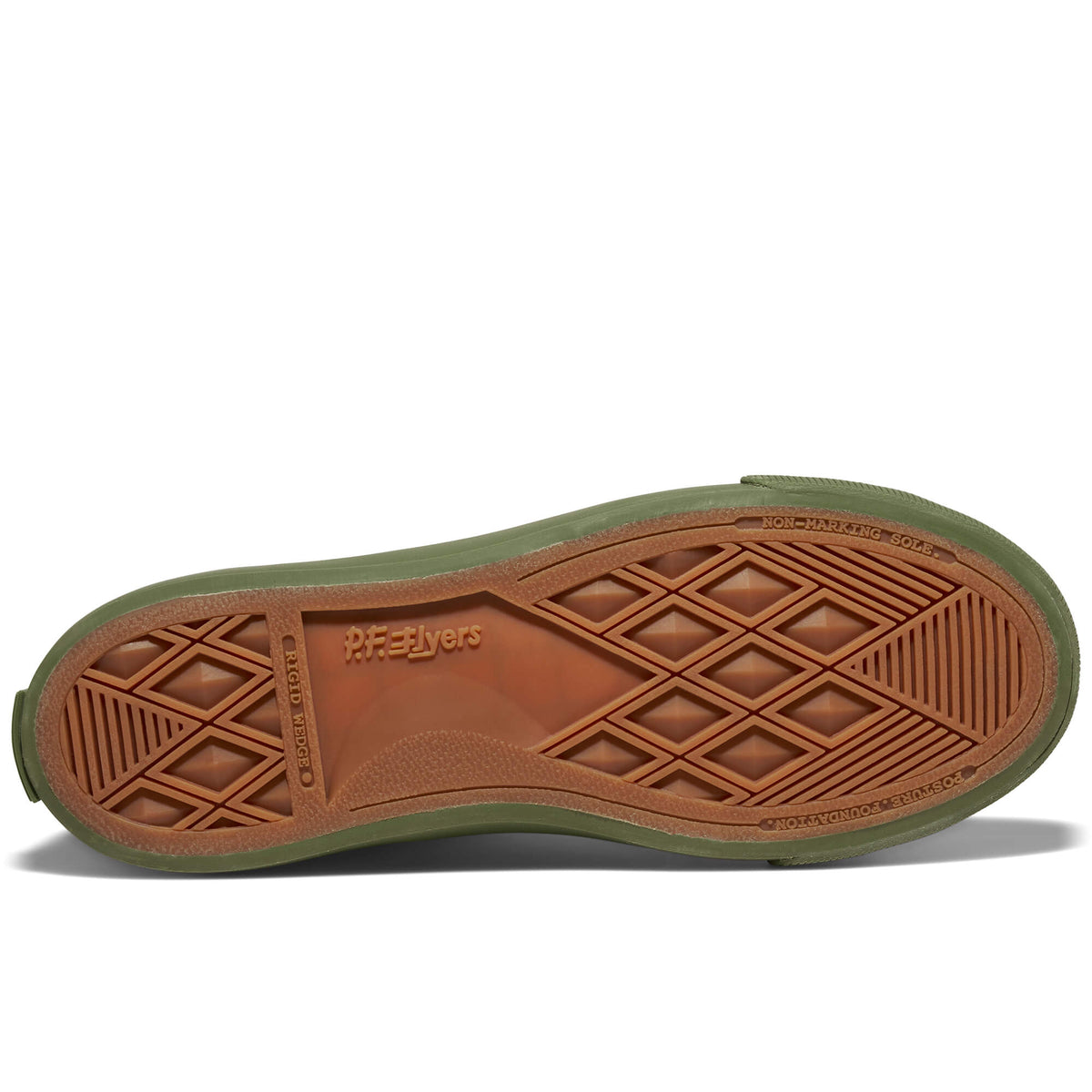 An olive green shoe's brown rubber outsole set against a plain white background.