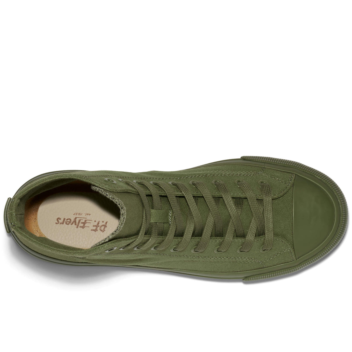 Top-down view of an olive green high-top sneaker on a white background.