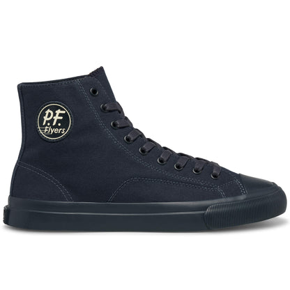 A dark navy blue high-top sneaker shown on a white background.