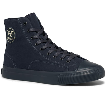 A dark navy blue high-top sneaker shown on a white background.
