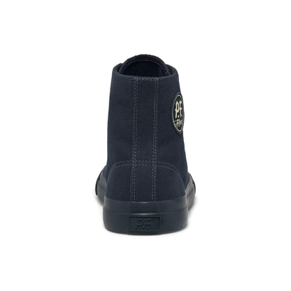 A dark navy blue high-top sneaker shown on a white background.