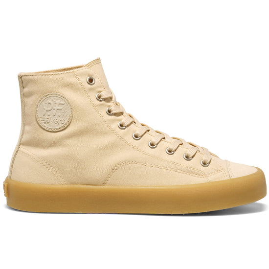 Beige high-top sneaker with 'P.F. Flyers' logo on a white background.