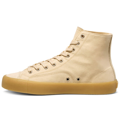 Beige high-top sneaker with a tan sole on a white background.