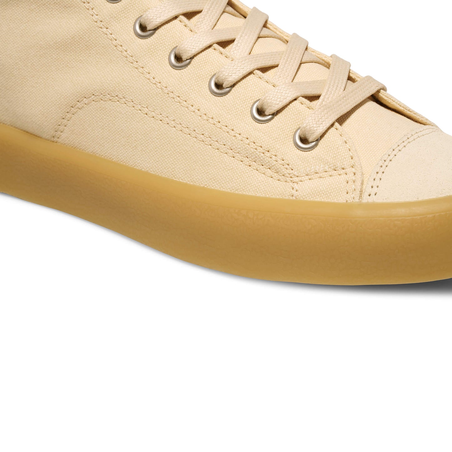 Beige high-top sneaker with a tan sole on a white background.