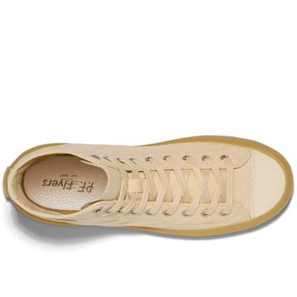 Top-down view of a beige sneaker on a white background.