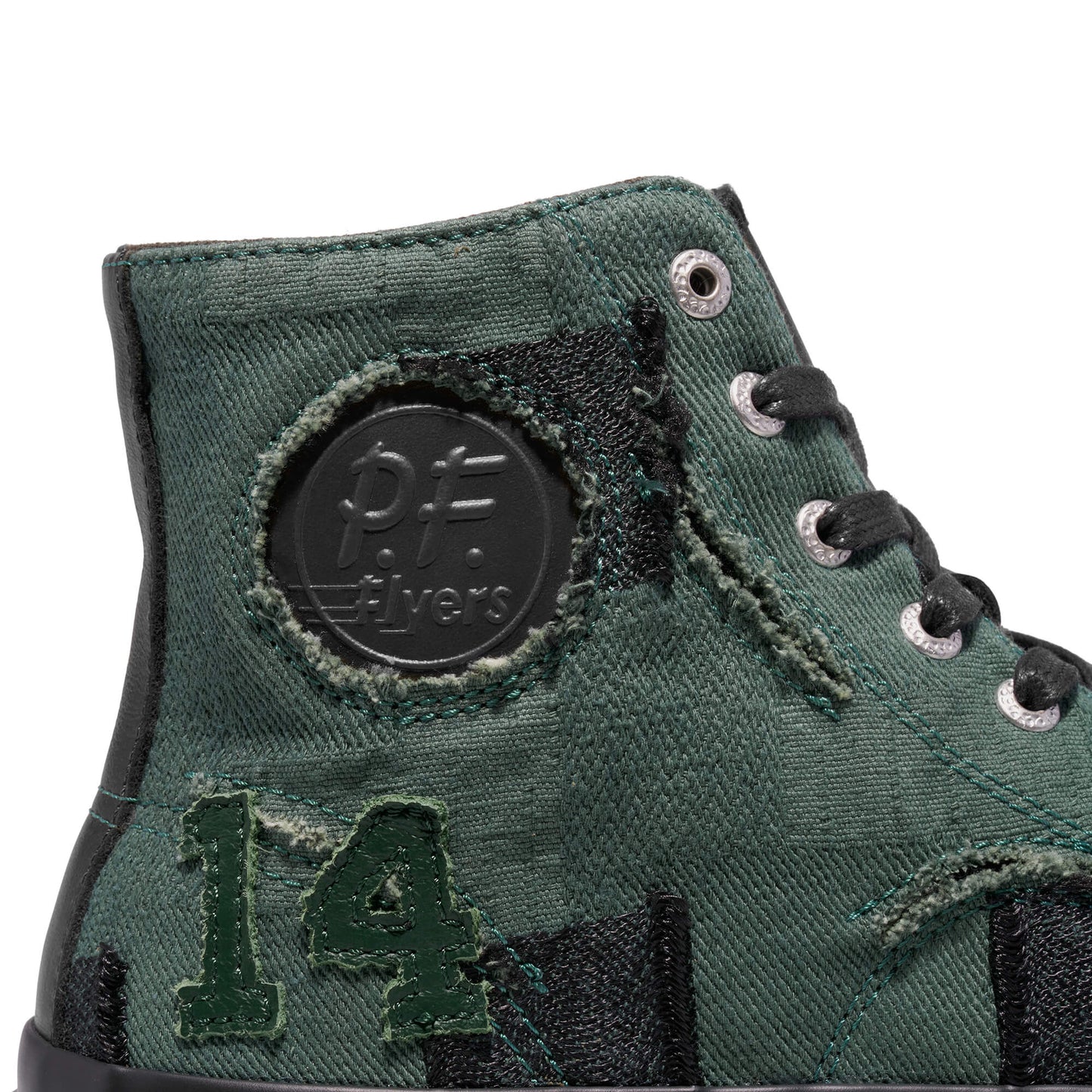 Green high-top sneaker with 'P.F. Flyers' logo and number '14' on a white background