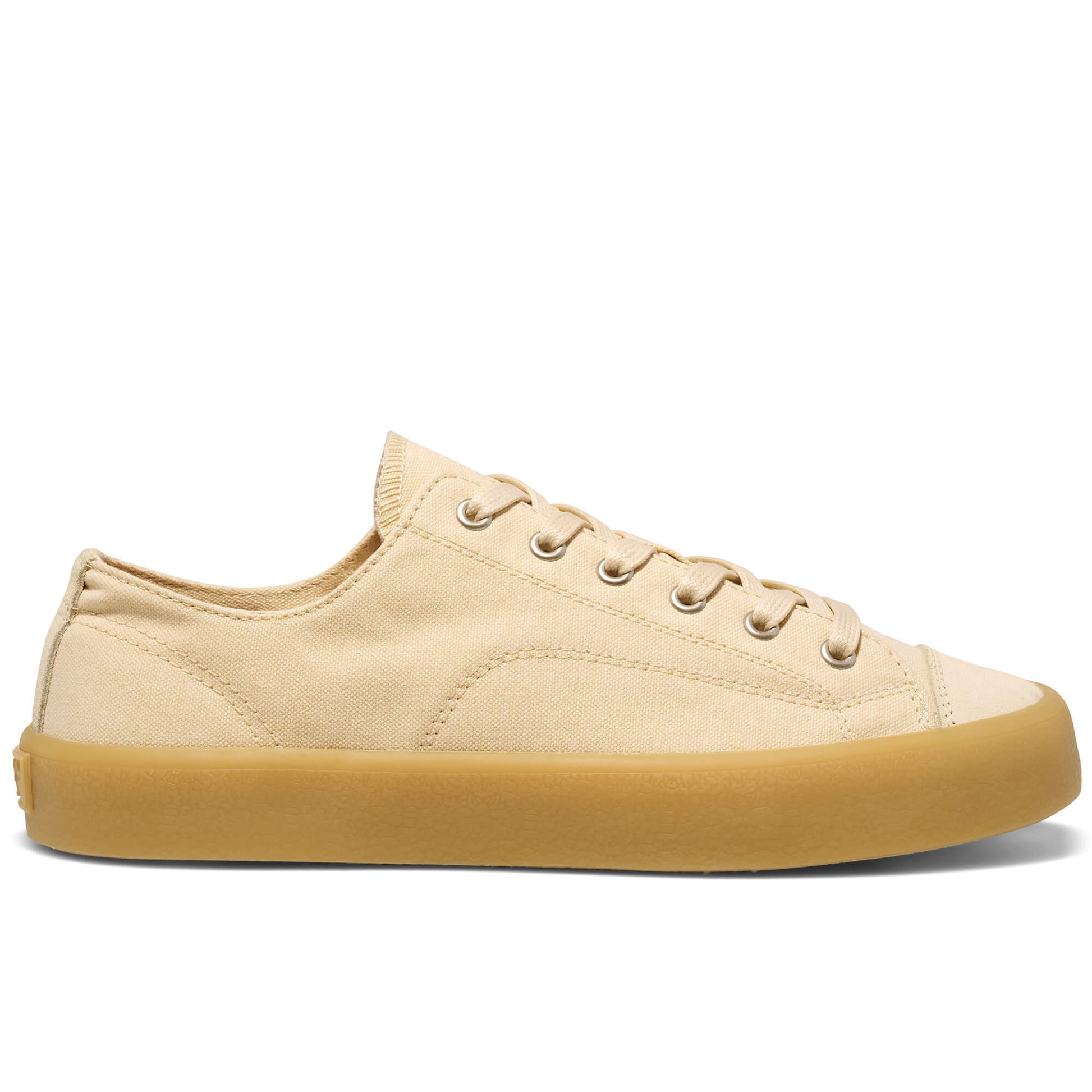 Beige low-top sneaker with a tan sole on a white background.