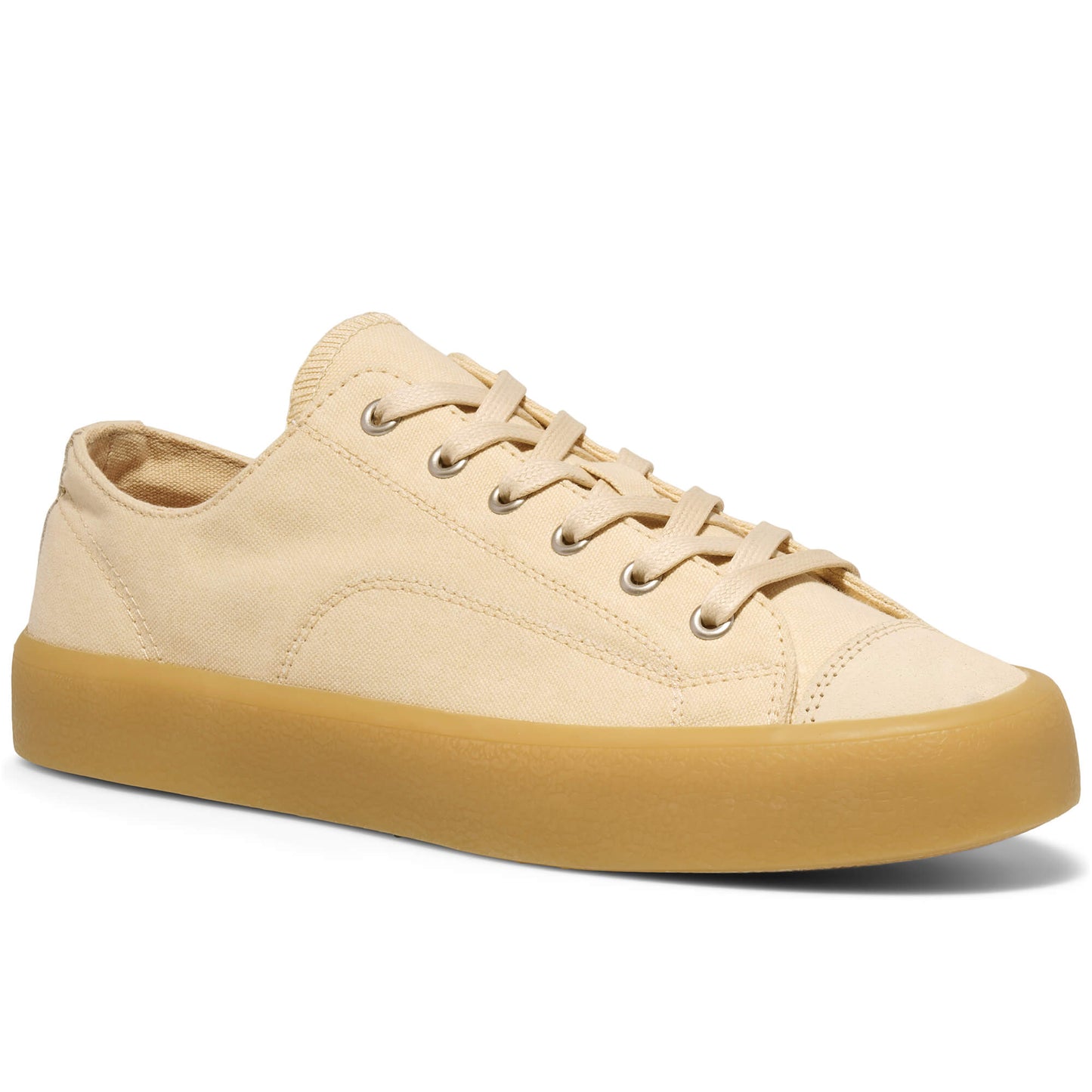 Beige low-top sneaker with a tan sole on a white background.