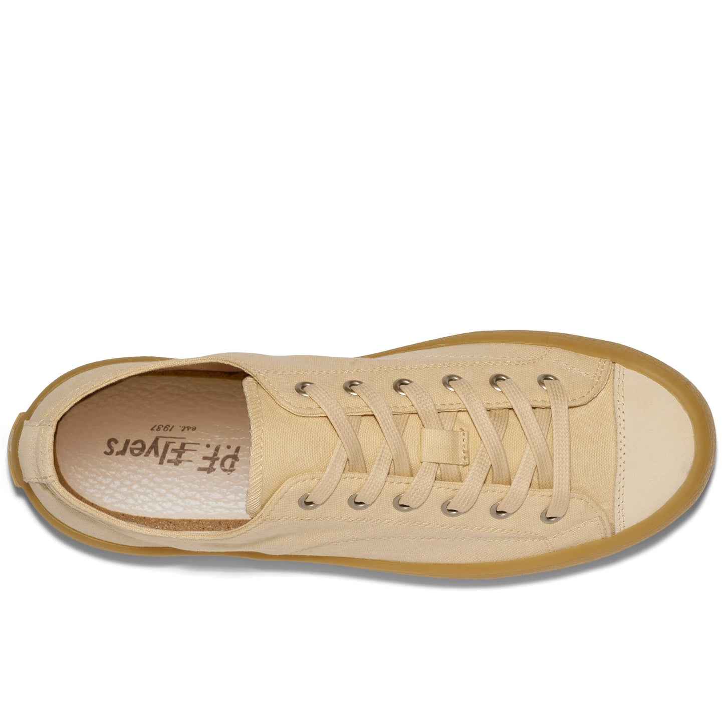 Beige low-top sneaker on a white background, with the P.F. Flyers logo visible on the insole.