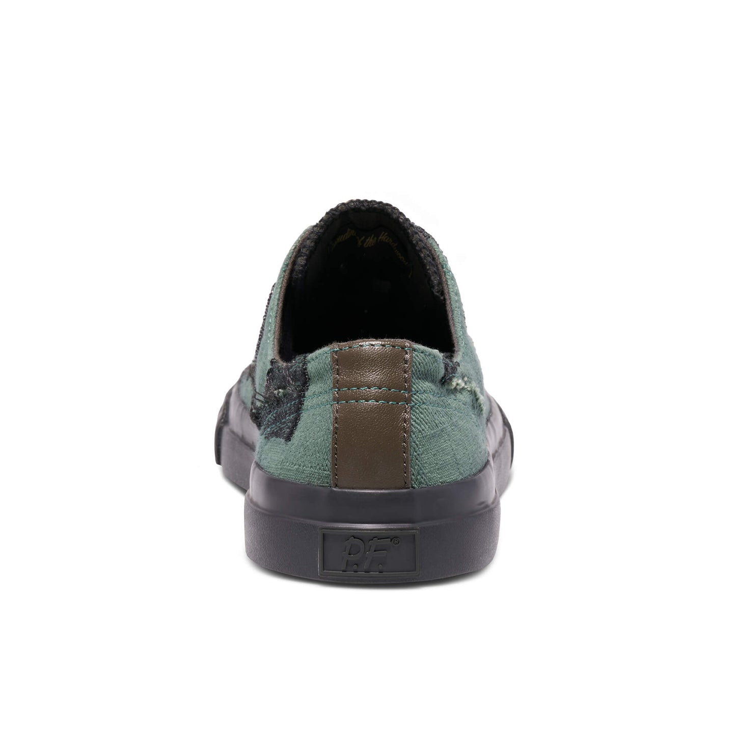 Green slip-on sneaker with brown sole on a white background