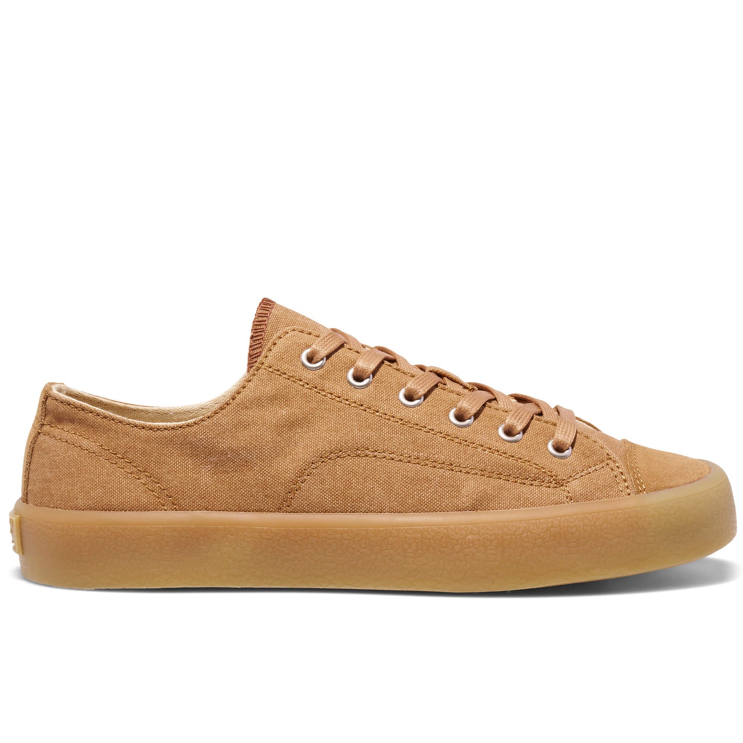 Tan low-top sneaker on a white background.