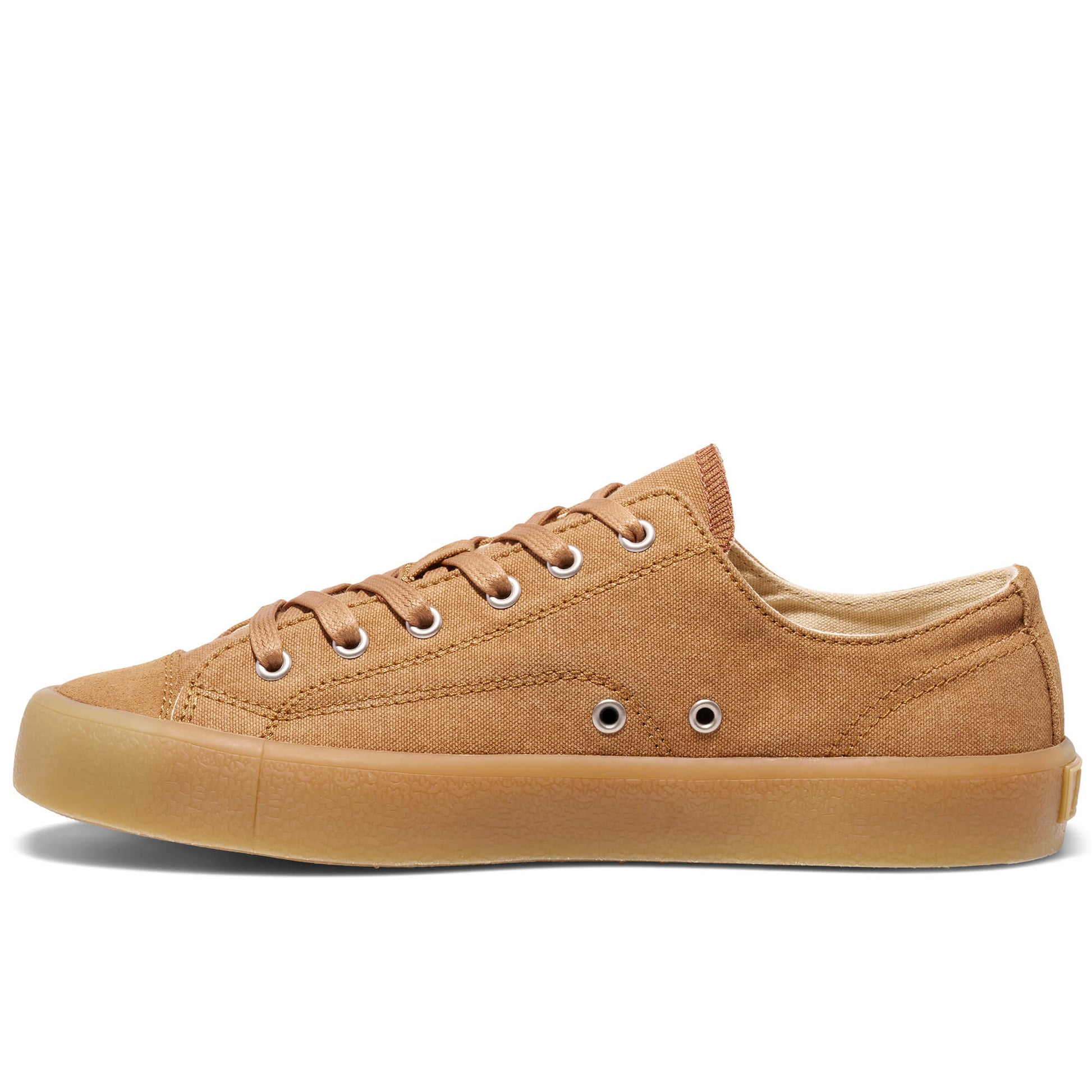 Tan low-top sneaker on a white background.