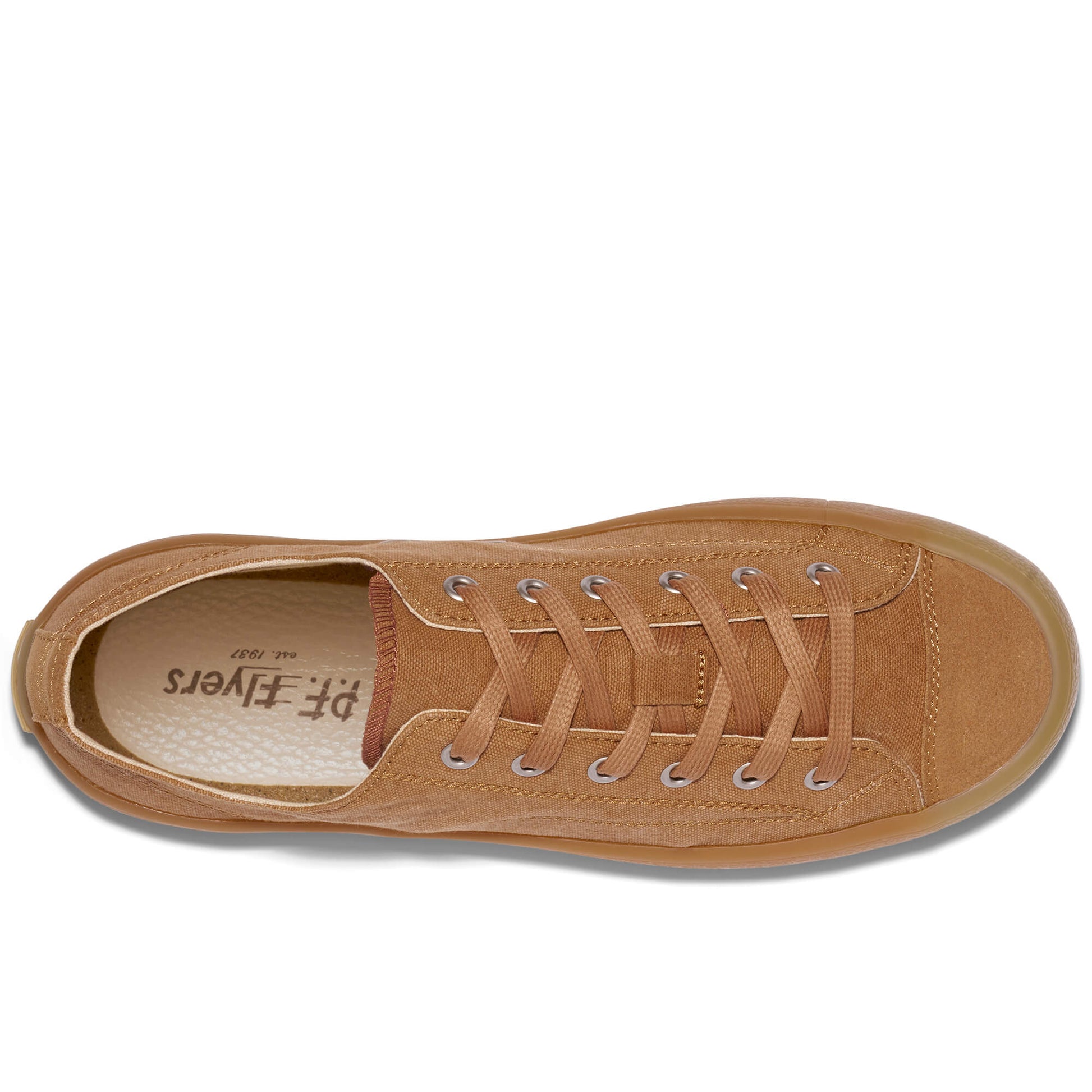 Tan low-top sneaker on a white background, with the P.F. Flyers logo visible on the insole.