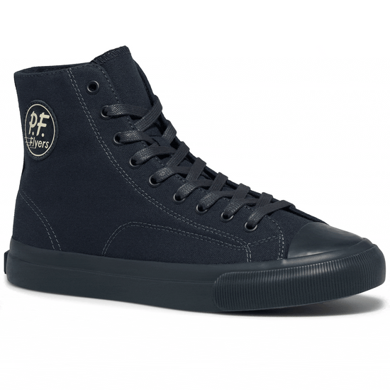 Rotating gif showing different angles of a dark navy blue canvas high-top sneaker. alternate view