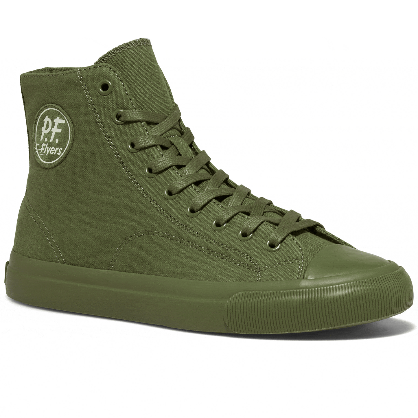 Rotating gif showing different angles of an olive green canvas high-top sneaker.
