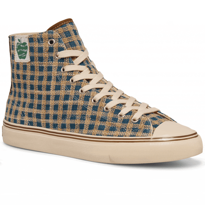 Blue and brown plaid high-top sneaker rotating gif showing different angles of the sneaker.