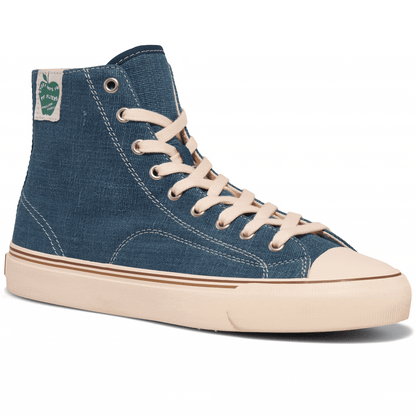 Blue high-top sneaker rotating gif showing different angles of the sneaker.