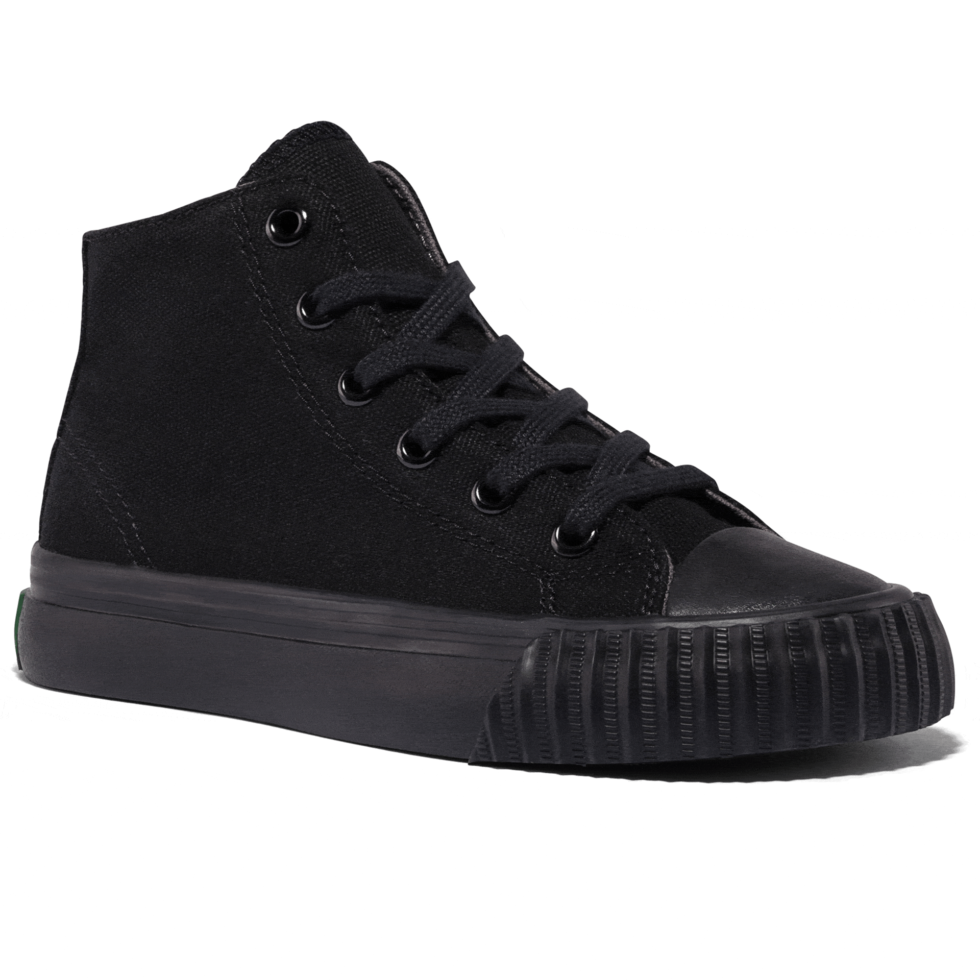 Rotating gif showing different angles of a kids' black high-top sneaker.