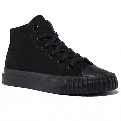 Rotating gif showing different angles of a kids' black high-top sneaker.
