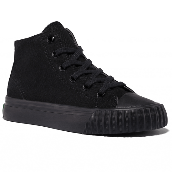 Rotating gif showing different angles of a kids' black high-top sneaker. alternate view