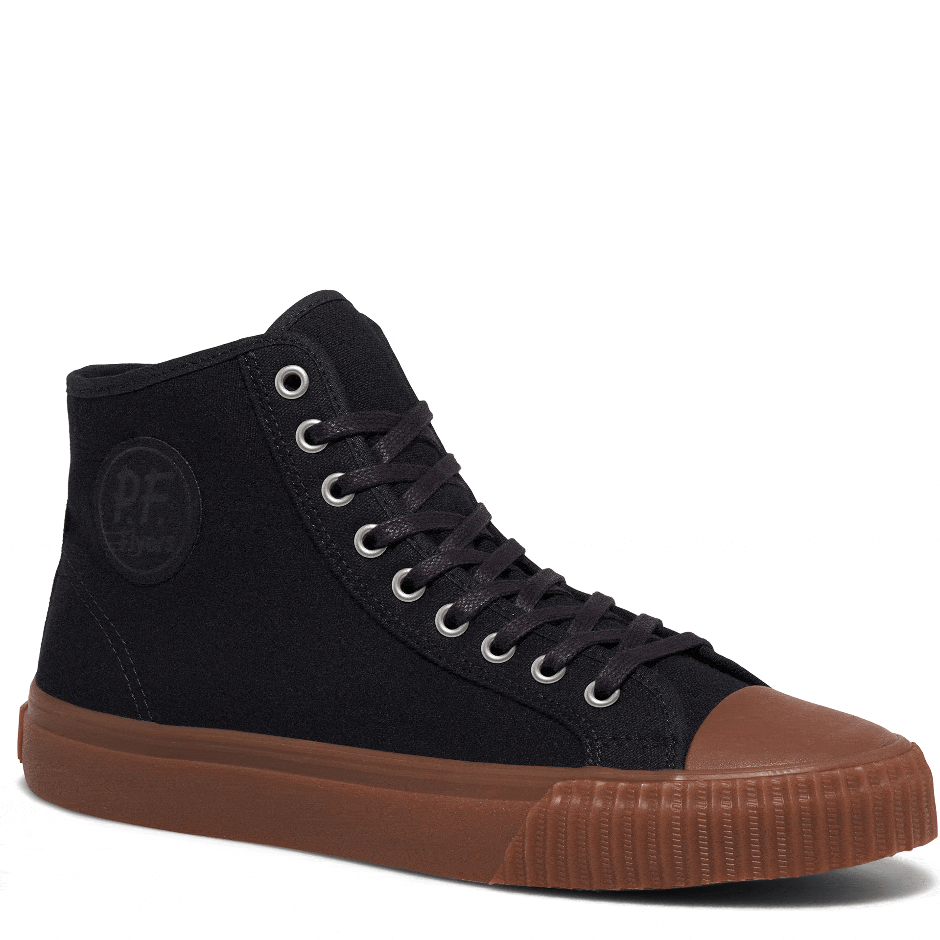 Rotating gif showing different angles of a black high-top sneaker with a brown sole.