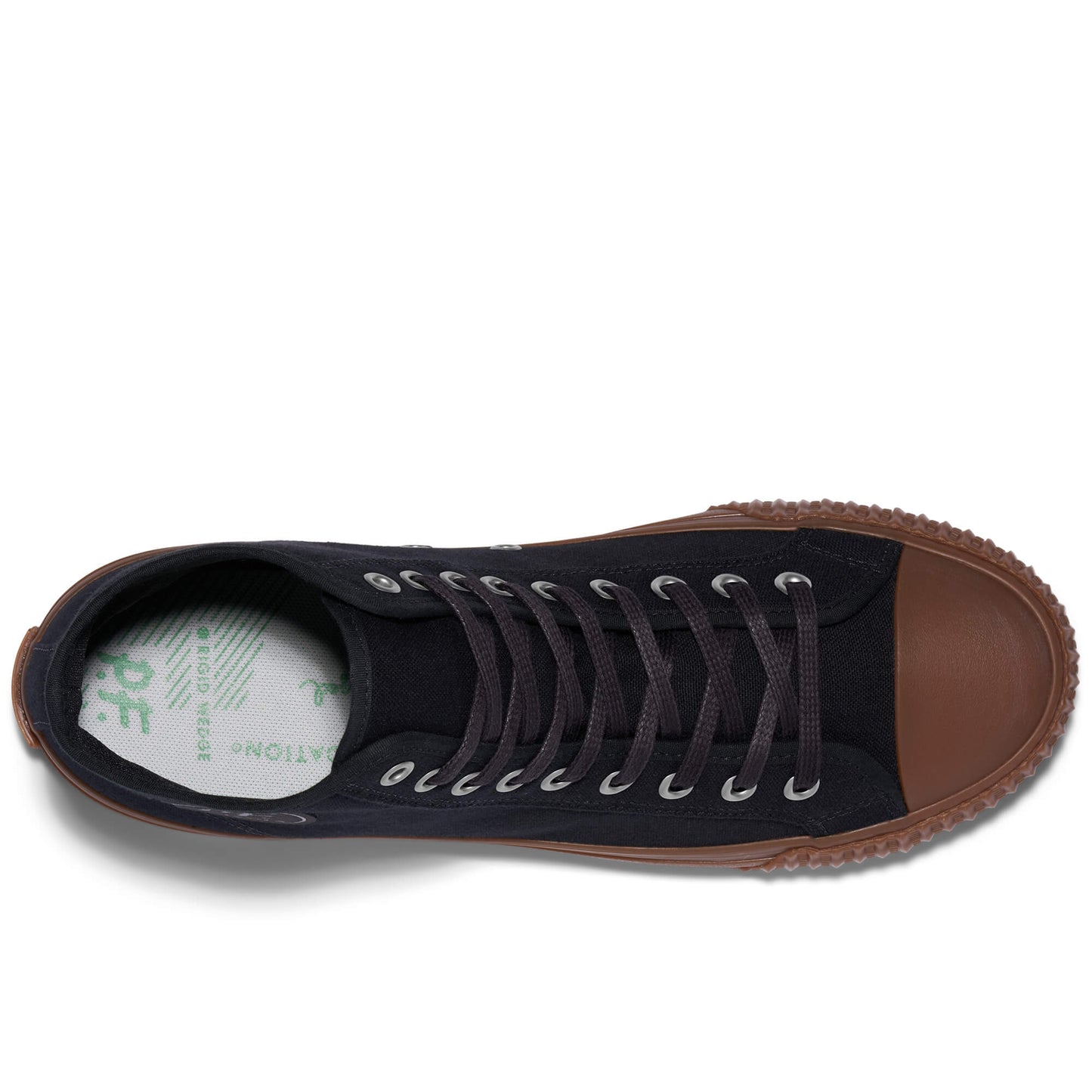Top-down view of a black high-top sneaker with a brown sole on a white background.
