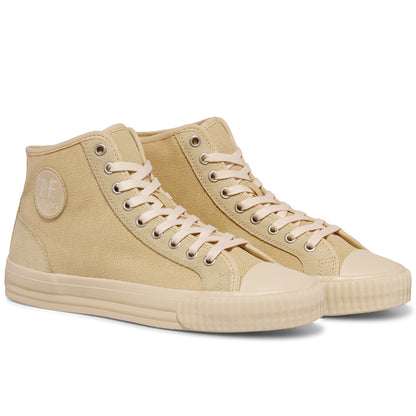 Pair of beige high-top sneakers on a white background.