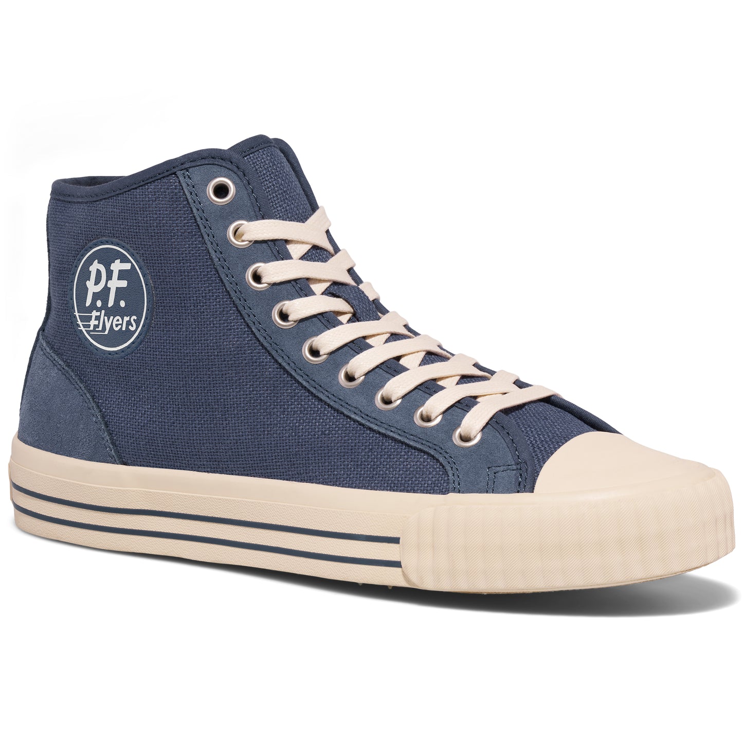 Blue high-top sneaker with white laces on a white background.
