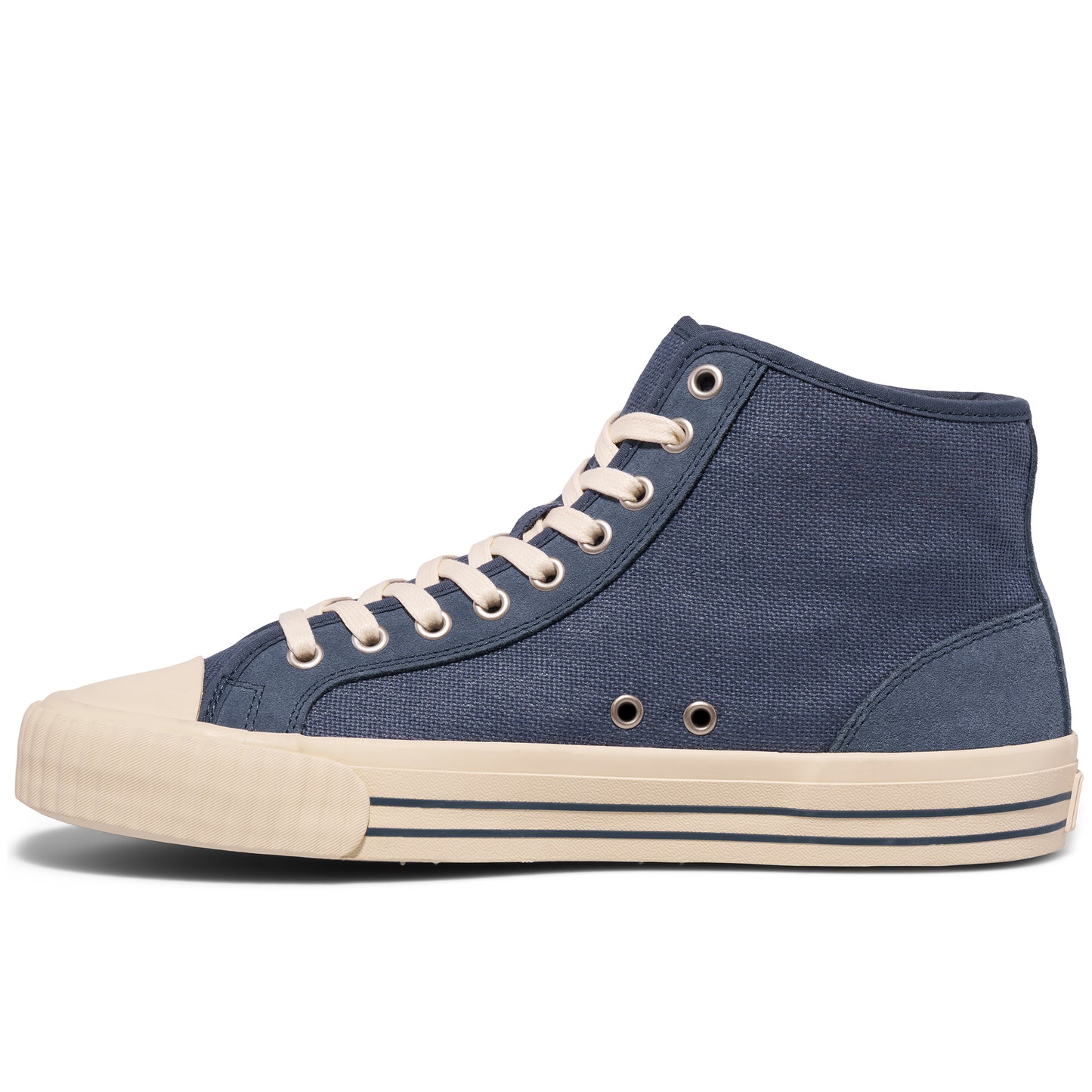Blue high-top sneaker with white laces on a white background.