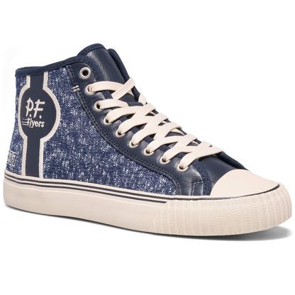 Blue high-top sneaker with white laces on a white background