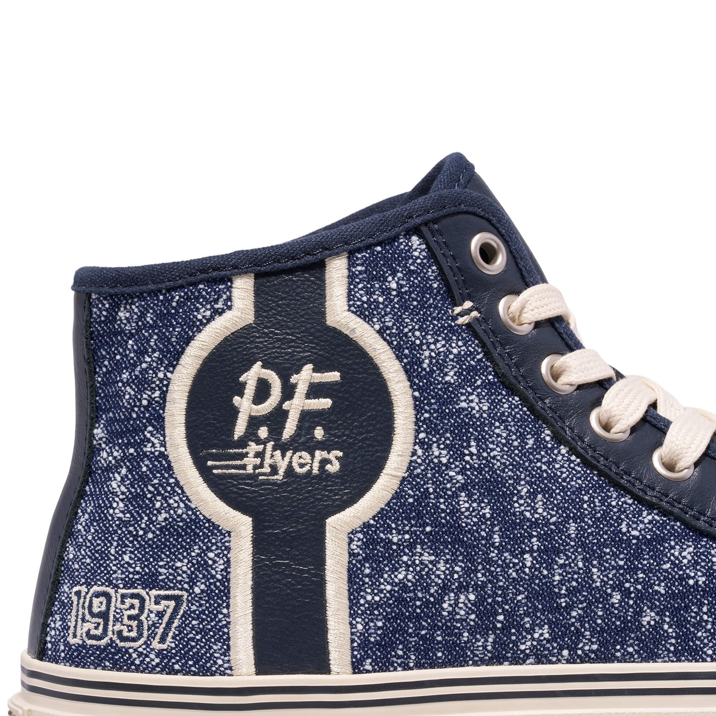 Navy blue high-top sneaker with 'P.F. Flyers' logo and '1937' text on a white background