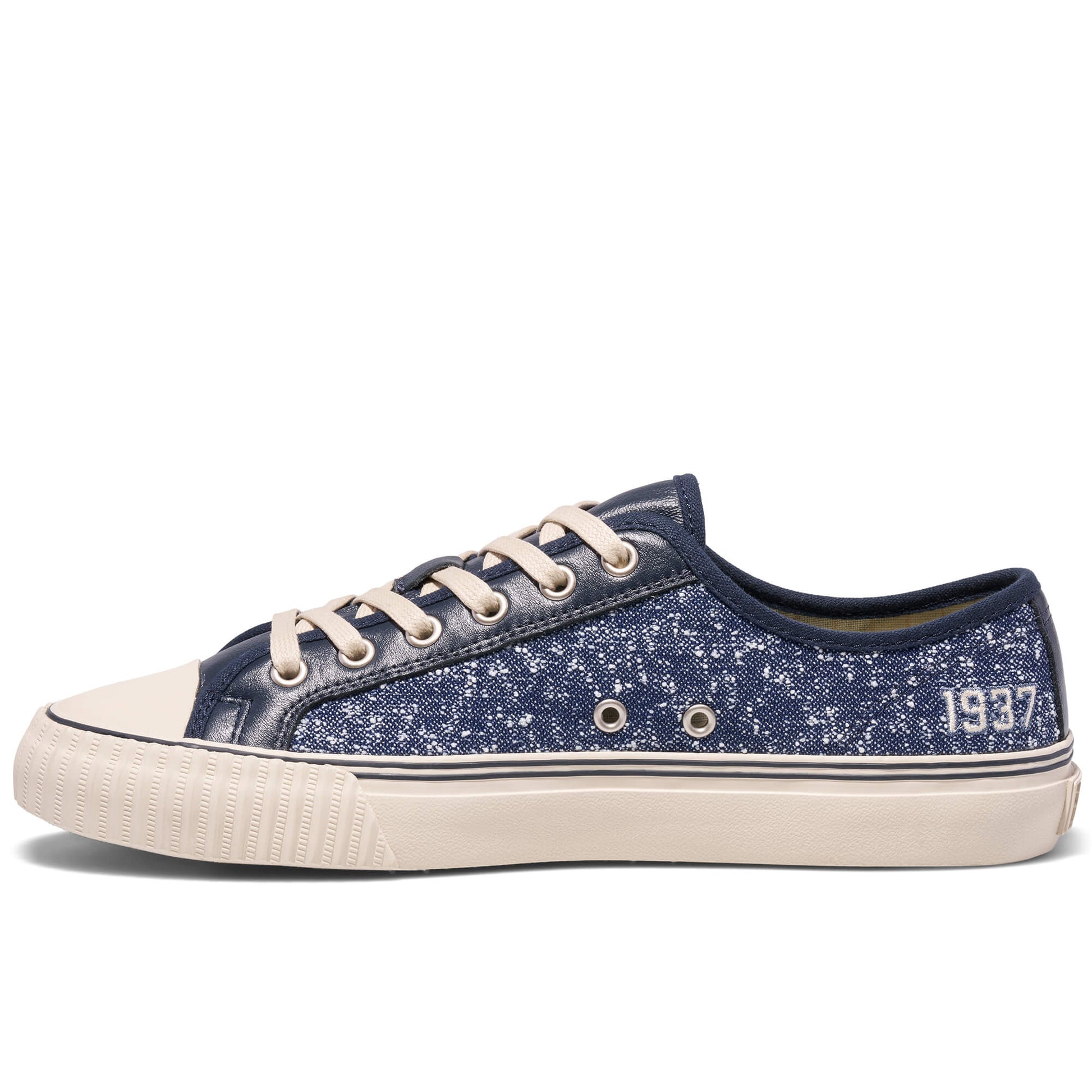 Navy blue sneaker with white laces on a white background