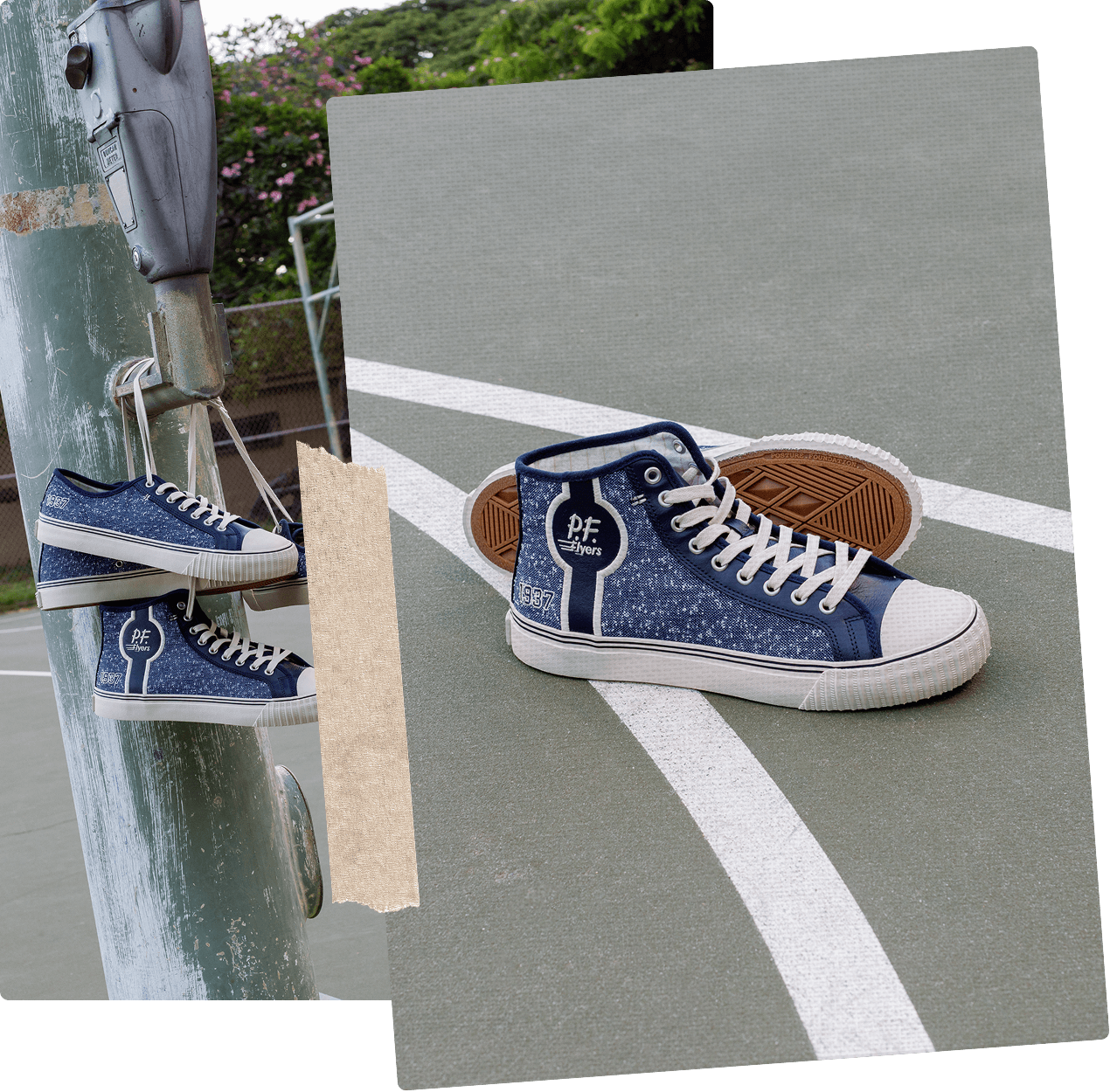 Navy high-top sneakers with white soles on a court floor.