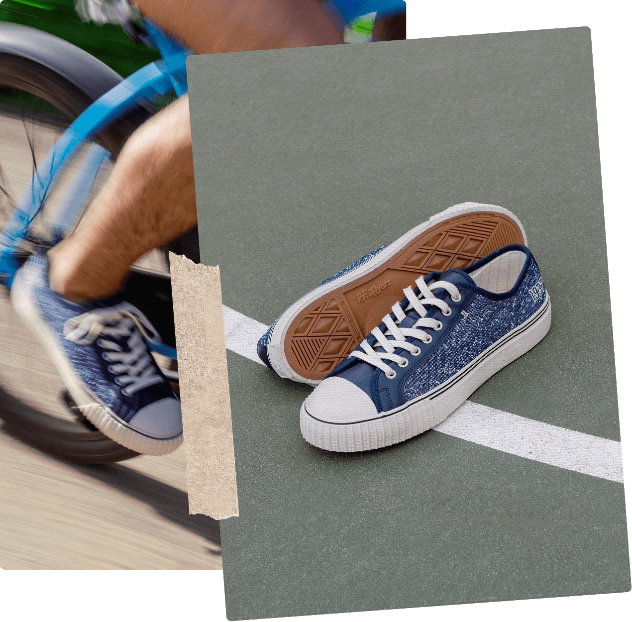 Navy low-top sneakers with white soles on a court floor.
