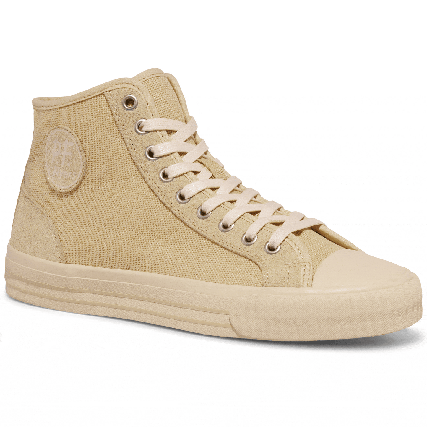 Beige high-top sneaker rotating gif showing different angles of the sneaker.