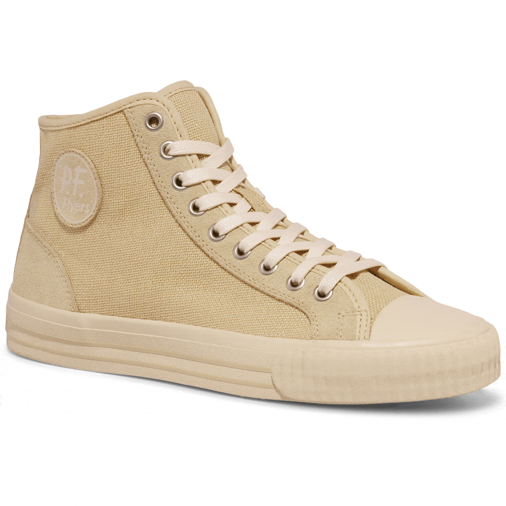 Beige high-top sneaker rotating gif showing different angles of the sneaker.
