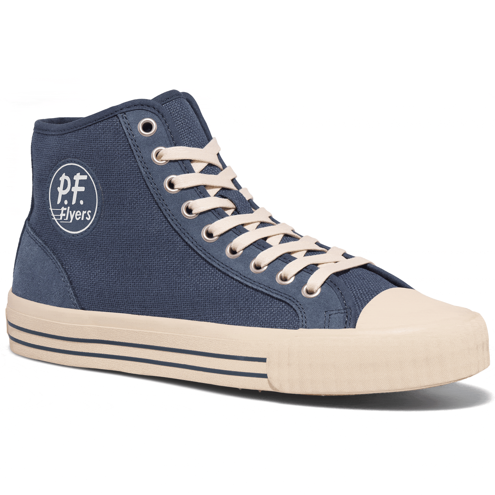 Blue high-top sneaker rotating gif showing different angles of the sneaker.