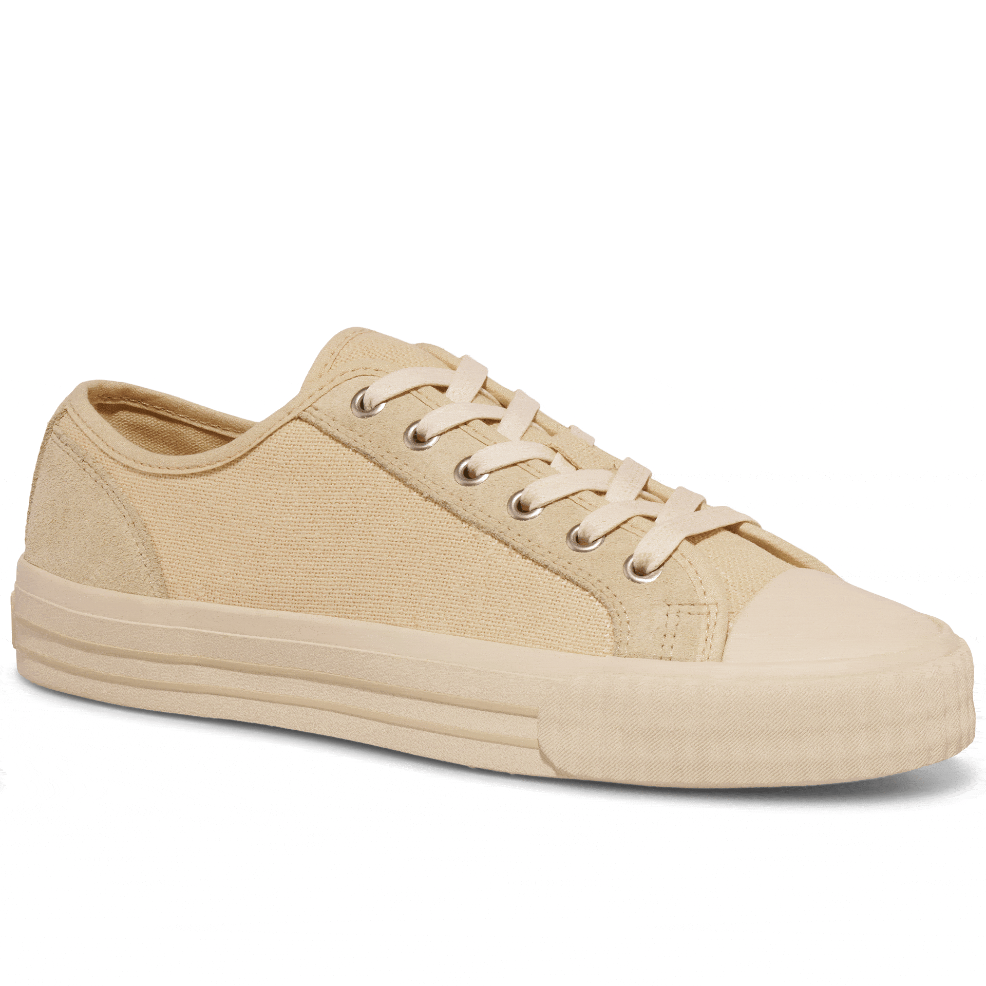 Beige low-top sneaker rotating gif showing different angles of the sneaker.
