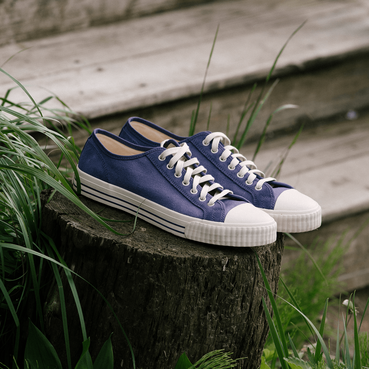 Blue low-top sneakers with white soles on a wooden stump surrounded by grass.
